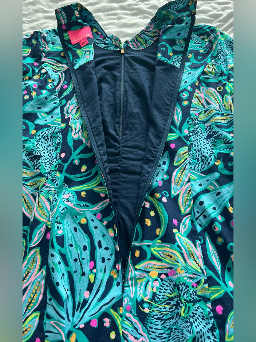 Lilly Pulitzer Shealyn Maxi Caftan Size 12 Navy Tropical Floral Cotton Lace Trim - Picture 7 of 16